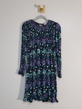 Loft Floral Long Sleeve Shift Dress Medium Black Purple Green Cottagecore Girly